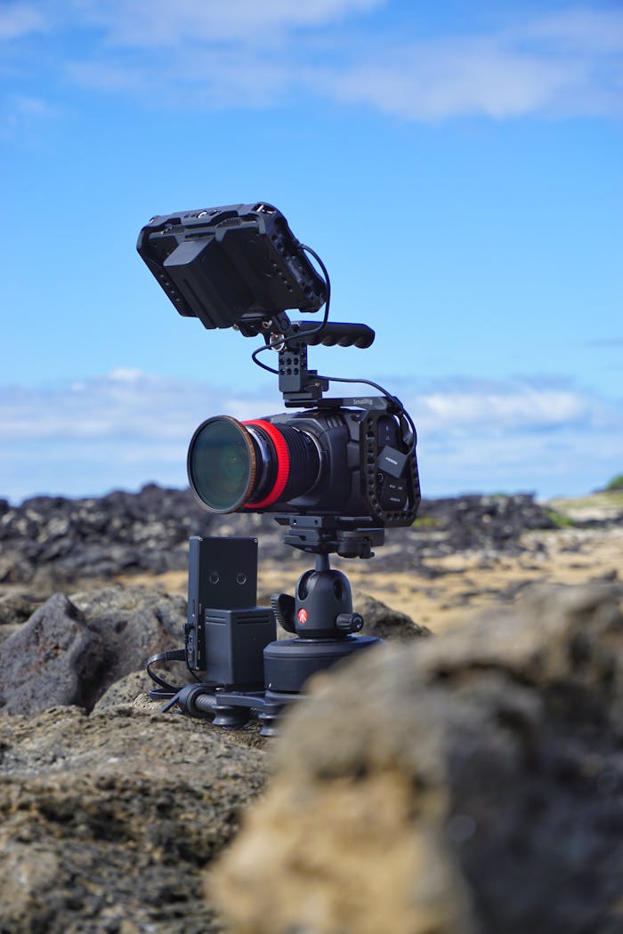 about-01 High-resolution camera on rocky beach in Hawaii, perfect for videography.