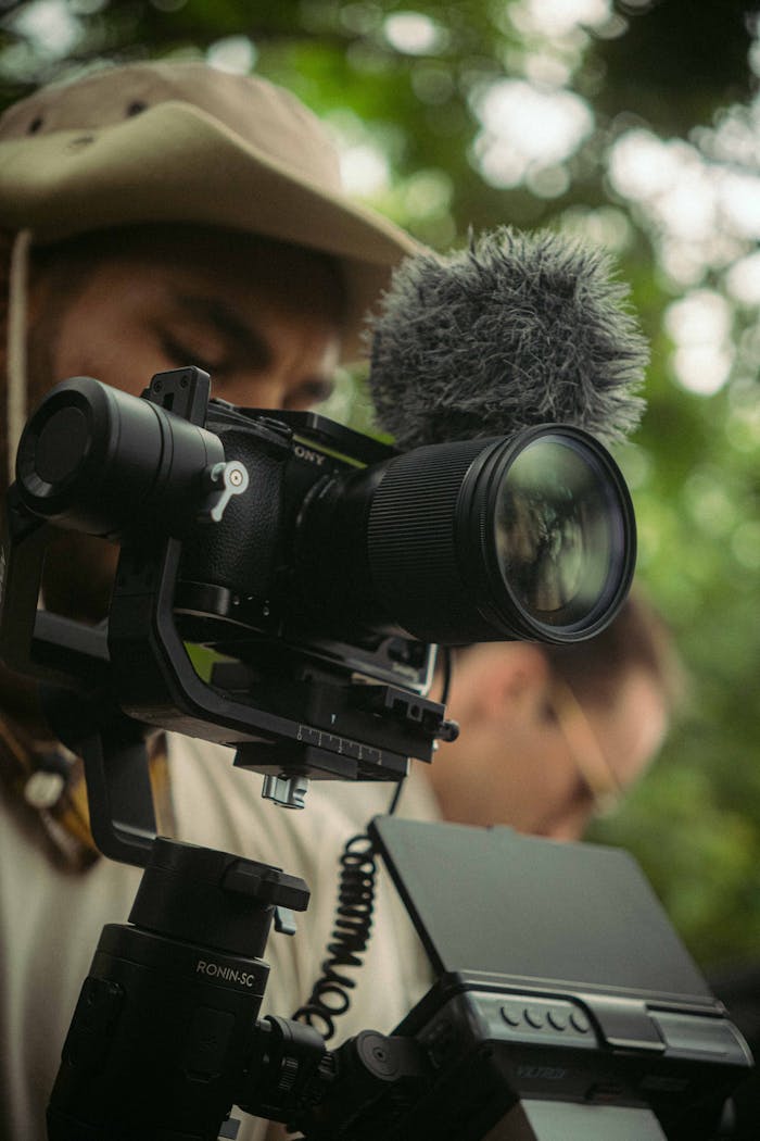 Close-up of professional camera with microphone used by filmmaker outdoors.
